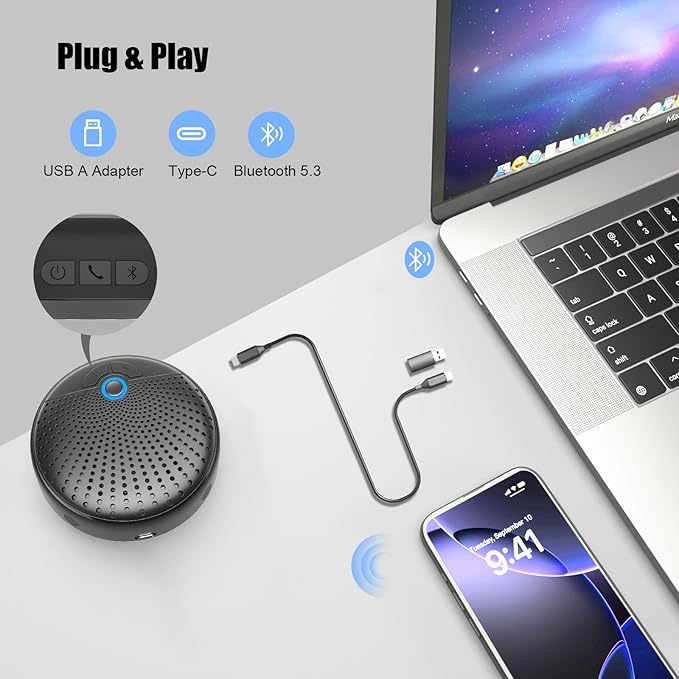 CM900 Conference Speaker and Microphone, 4 AI Mics 360° 20ft (7m) Voice Pickup, Noise Reduction, USB C & Bluetooth 5.3 (20m & 66ft) Speakerphone for 16 People, Compatible with Leading Platforms