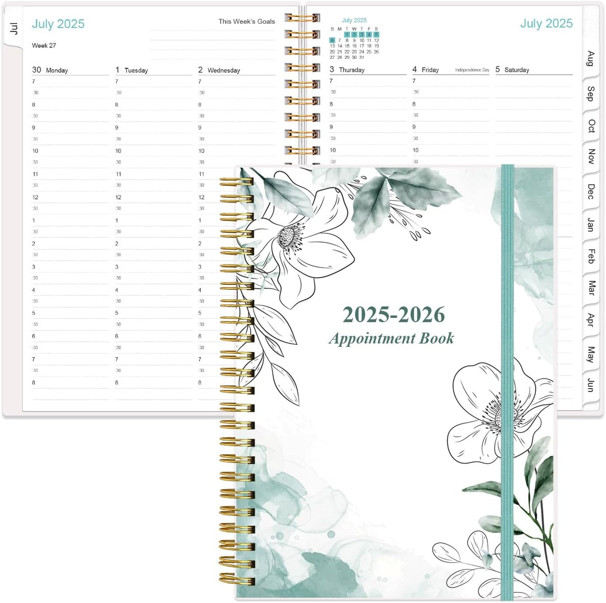 2025-2026 Appointment Book & Planner - Hourly Planner from July 2025 - June 2026, Weekly Appointment Book 2025-2026 with 30-Minute Interval, 6.4" x 8.5", Teal Floral