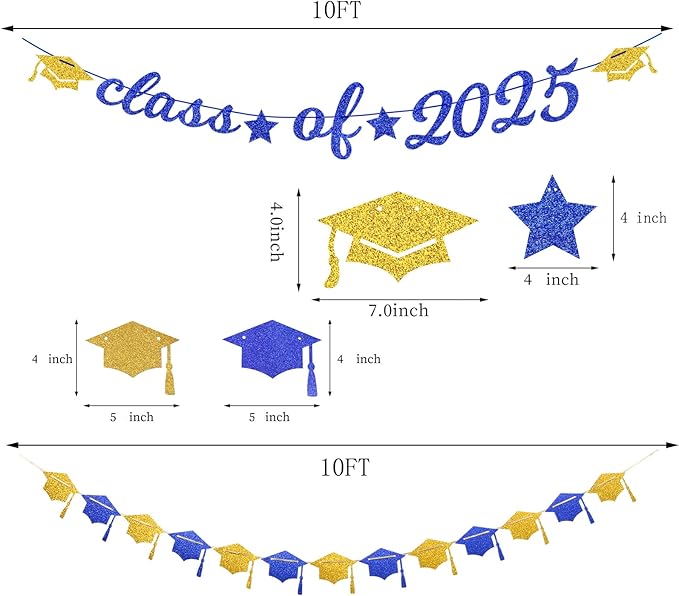 Navy-Blue Gold-White Party-Decoration Graduation Banner - 14pcs Kits Cap Garland Streamers, Royal Paper Tissue Pom Poms Flowers Fans Honeycomb,Class Of 2025 College High School Grad Decor Hugfond