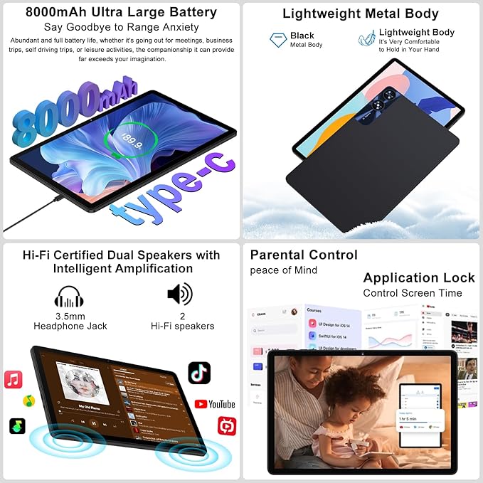 Tablet 11 inch Android 14 Tablets, 24GB+256GB+1TB Expand, Android Tablet with 8000mAh, Octa-Core, 13MP+5MP Camera, IPS Touchscreen, 5G WiFi, BT5.0, Widevine L1, GPS - Metal Black
