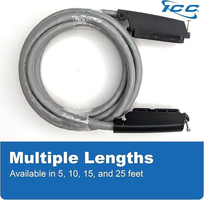 ICC Male to Male 25 Pair Telco Cable 10ft - Cat3 24AWG, 100% Solid Pure Copper, Gray Riser CMR Cable with 90 Degree 50 Pin Telco Connector for Voice and Low Data PBX Applications, 10 Feet