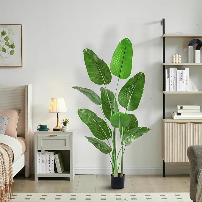 Faux Bird of Paradise Silk Artificial Plant Faux Banana Leaf Tree for Home Decor Indoor Floor Plant with 11 Trunks (1, Black Planter, 6.6 FT)