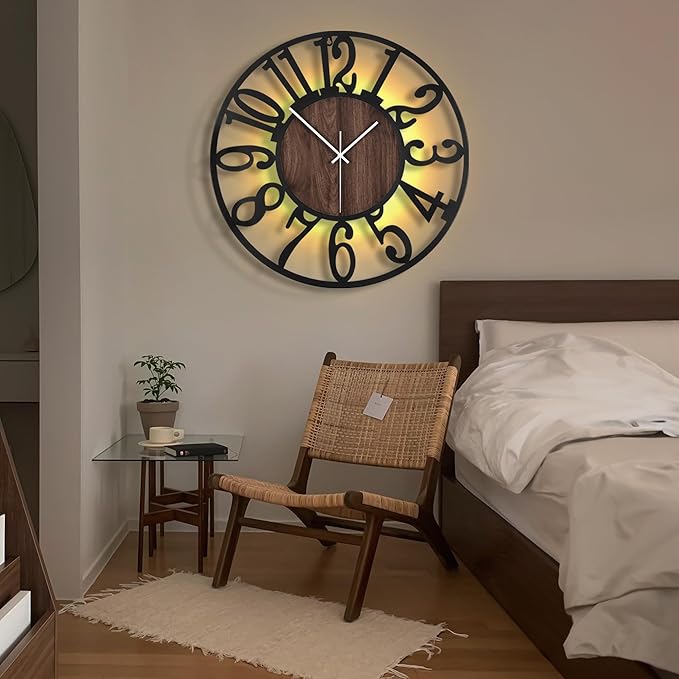 LEIKE Large LED Wall Clocks,Silent,Non Ticking,Battery Operated Rustic Round Modern Big Wood Wall Clock for Living Room, Bedroom,Kitchen,Farmhouse,Office,Home Decor -24" Black,LED,Arabic Number