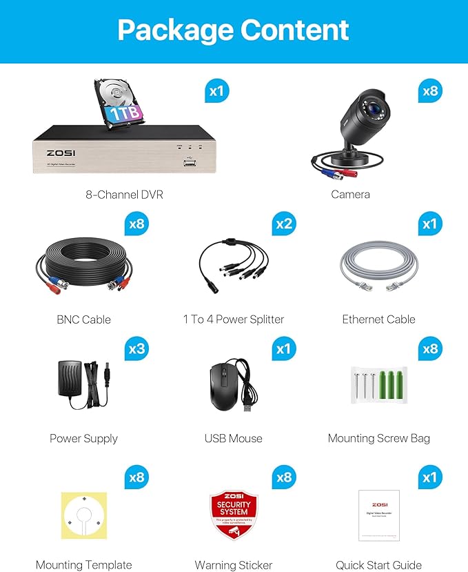 ZOSI 3K Lite 8CH Security Camera System Outdoor with 1TB Hard Drive,AI Human/Vehicle Detection,Night Vision,H.265+ 8 Channel 5MP Lite Video DVR Recorder,8X 1080P HD 1920TVL Weatherproof CCTV Cameras