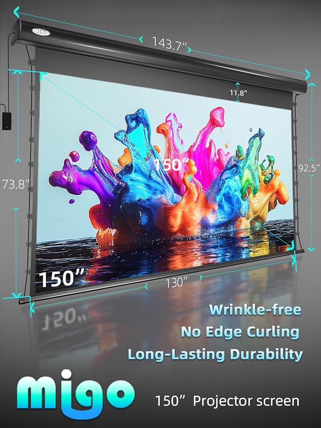 Migo 150 inch pull down projector screen, Grey Crystal Material 2.0 Gain 4K Ultra HD Projector Screen Ceiling Mount with remote for Ultra Short Throw Projector Movie Home Theater Cinema(Black Housing)