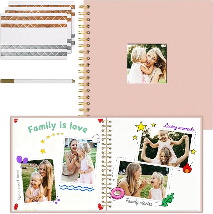 Vienrose 10 x 10 Inch Scrapbook Photo Album, Linen Hardcover Photo Book with 80 White Pages, DIY Memory Book Kit with Accessories for Wedding, Baby Shower, Travel, Christmas (Pink, 40 Sheets)
