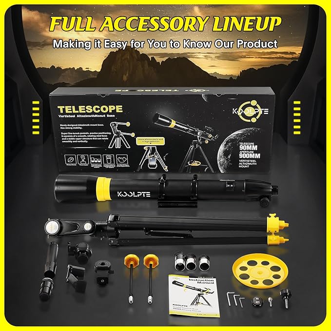 Telescope 90mm Aperture 900mm - High Precision Adjustment Vertisteel AZ Mount Base, Magnification 45-450x, Wireless Remote, Phone Adapter - Ideal for Astronomy Enthusiasts and Beginners (Black)