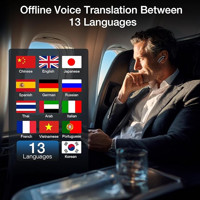 IAMJOY AI Translation Earbuds, 163 Language Two-Way Translator Device with Bluetooth and APP Built-in 6 Mics, 42dB Hybrid Noise Cancelling Language Translator Earbuds, Black