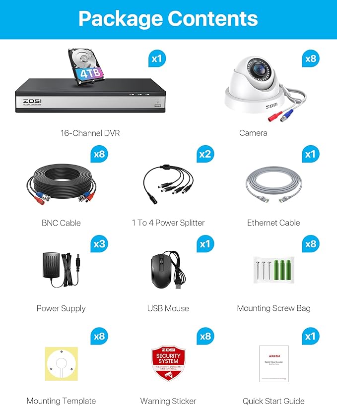 ZOSI H.265+ 16 Channel Security Camera System 1080p,16CH CCTV DVR, 8 x 1080p Indoor Outdoor Dome Camera, Human Vehicle Detect, 80ft Night Vision, 105° View Angle, Remote Control, Alert Push, 4TB HDD