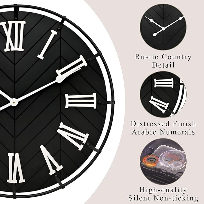 EMAX Large Wooden Wall Clock – Extra Large FarmhouseWall Clock with 3D Roman Numerals & Herringbone Splicing, Black Modern Wood Wall Clock for Living Room