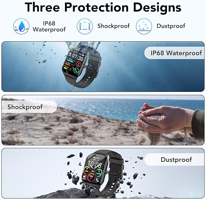 Smart Watch for Men Women, 1.85" HD Fitness Tracker with Bluetooth Calls/AI Voice Control, IP68 Waterproof, 115+Sports Modes, 24/7 Heart Rate/Sleep Fitness Watch Compatible with iOS/Android, Black