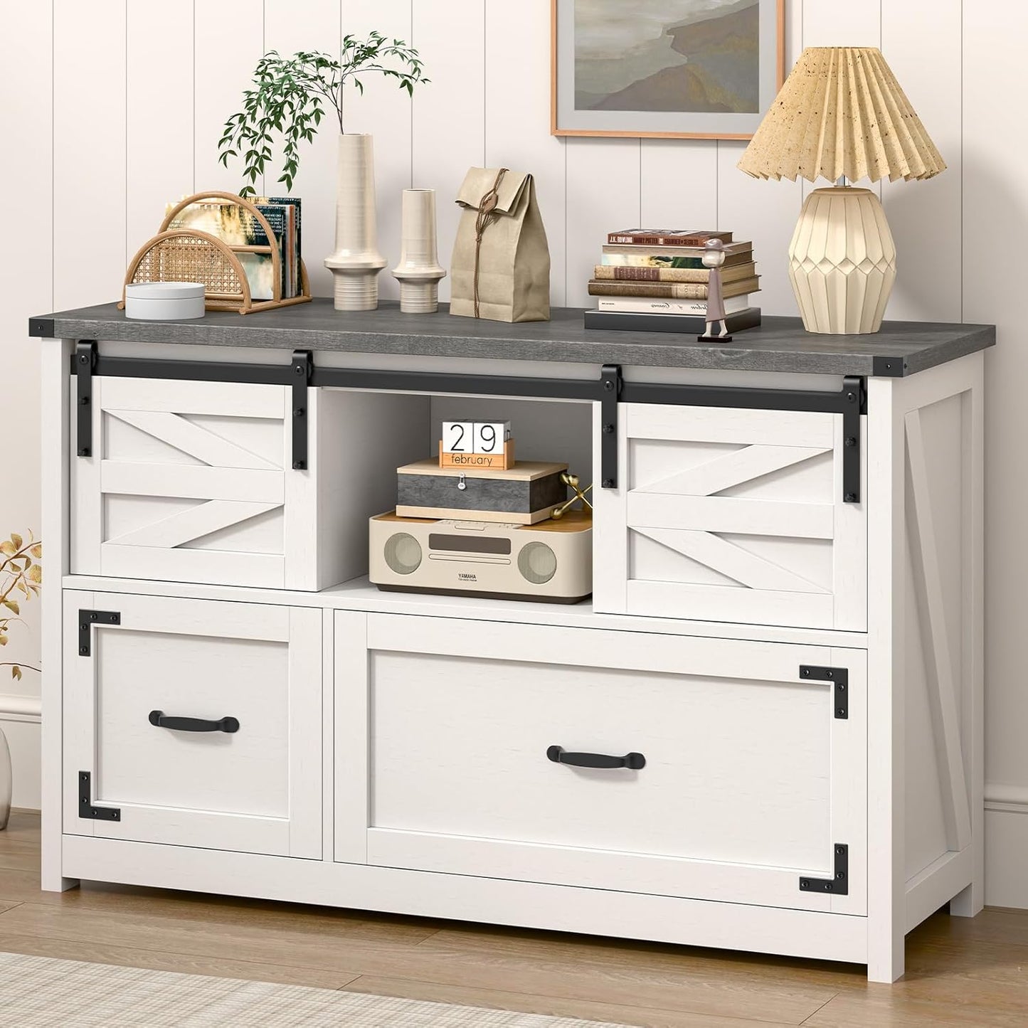 Lateral File Cabinets 2 Drawer with Sliding Barn Doors, Farmhouse Filing Cabinet with 2 Drawer for Home Officeï¼Filing Organization Storage Cabinets for Hanging Files Letter/Legal/F4/A4.(Dark Grey.)