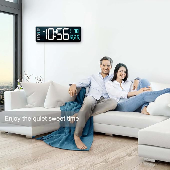 Abovsare 16.2 Inch Large Display Wall Clocks, LED Digital Clock with Remote Control for Living Room Decor, Automatic Brightness Dimmer Clock with Date Week Temperature (Blue)