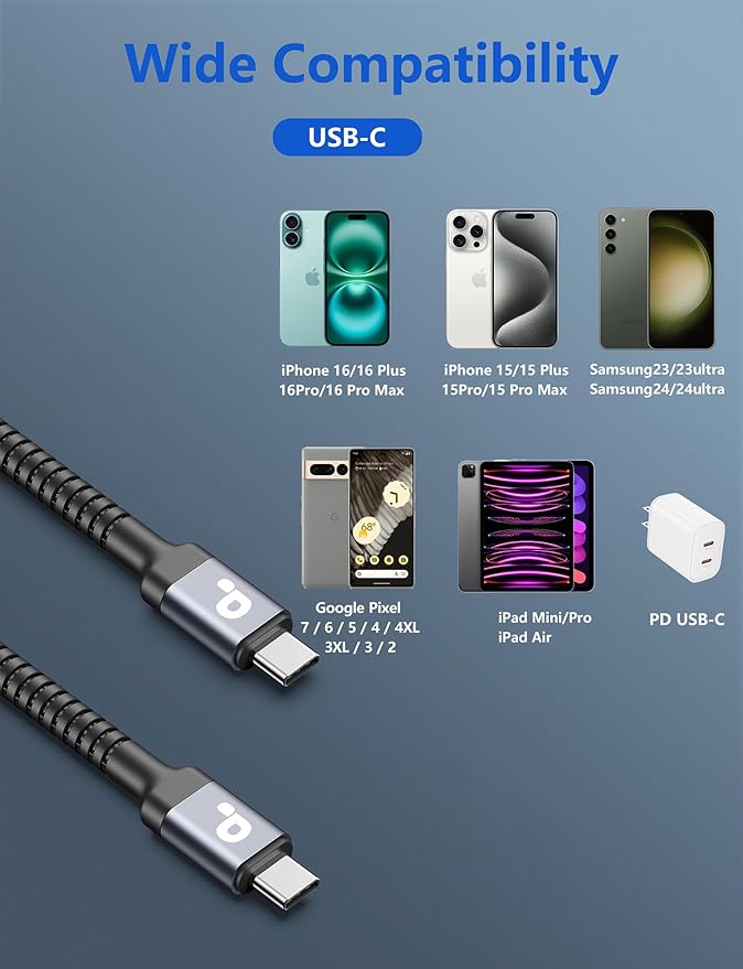PRAKIE USB C Cable 3FT, 2Pack USB-C to USB-C Charger Cable, USBC Fast Charging Nylon Braided USBC iPhone Charger Cord Compatible with iPhone 16/15/Pro Max/PlusSamsung Galaxy S23/LG and More