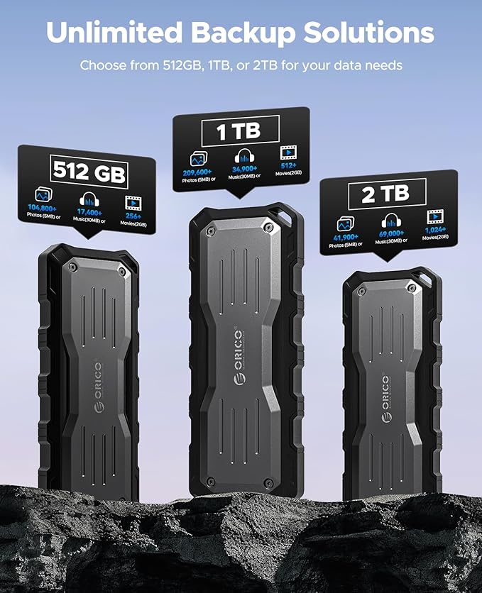 ORICO 2TB External SSD Up to 2000MB/s, Interface Extra Protection, Waterproof and Dust-Proof, Rugged and Reliable Outdoor Portable Solid State Drives for Action Camera, Smartphone, Laptop - O20