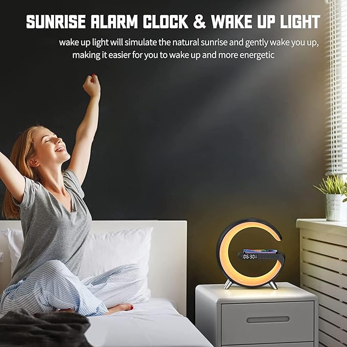 Smart Wireless Charging Alarm Clock with Bluetooth Speaker, App Controlled Bedside Lamp Table Light and Night Light, Bedroom Home Decor, Gift for Girls Boys and Family for Birthday Christmas (Black)