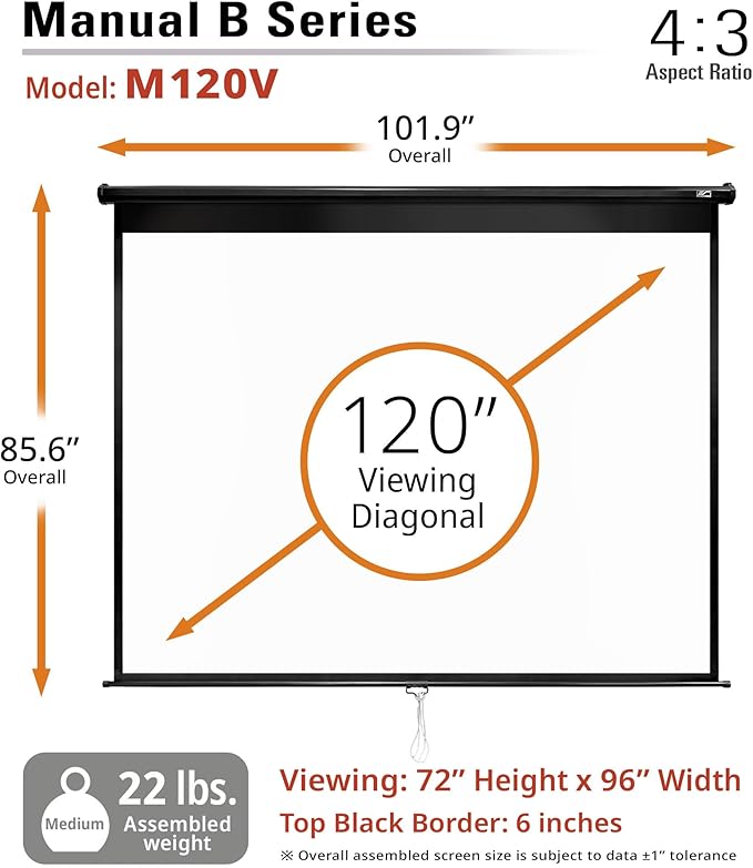 Elite Screens Manual B, 120-INCH 4:3, Manual Pull Down Projector Screen 4K / 8K Ultra HDR 3D Ready with Slow Retract Mechanism, 2-YEAR WARRANTY, M120V