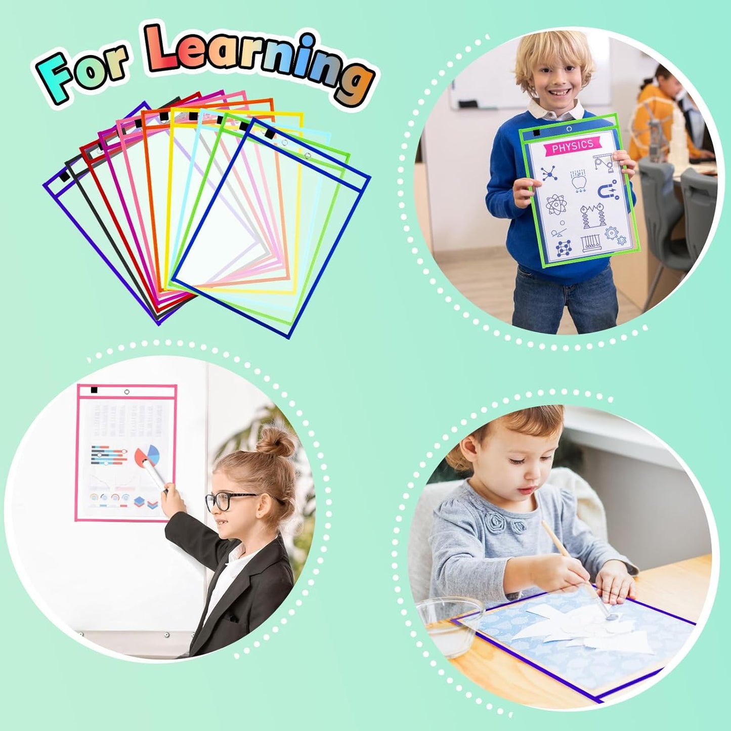 50 Packs Dry Erase Pocket Sleeves, Reusable Clear Plastic Classroom Sleeves, 10x14 Inch Ticket Holders, for School/Office Organization
