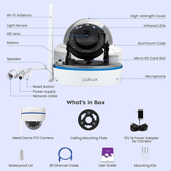 xmartO [2-Pack AI Tracking Ceiling CAM 2K HD Metal Dome PTZ Wireless Security Camera with Automatic Tracking, 2-Way Audio and Night Vision (Standalone WiFi Camera, NOT add-on CAM to NVR)