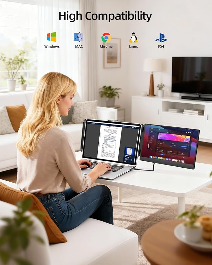 Laptop Screen Extender, 14" FHD 1080P IPS Dual Laptop Monitor Extender, Plug n Play Portable Travel Monitor for Laptops 13.3"-17" with HDMI/USB-A/Type-C, Compatible with Windows Mac Chrome Android