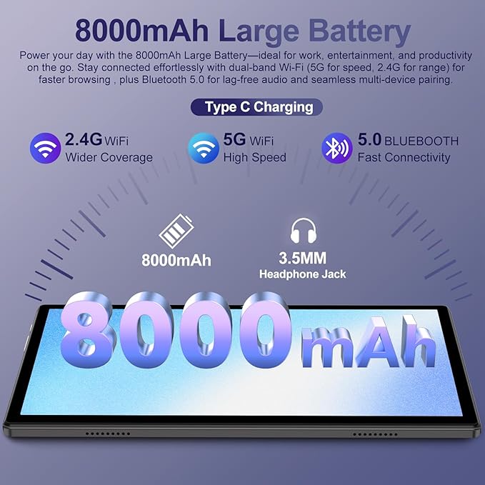 2025 Android 15 Tablet with Keyboard | Gemini AI, 30GB+128GB Octa-Core Electronics Tablets w/ 10 Inch IPS HD Display, 8000mAh, 5G WiFi, 1TB Expand, Mouse+Case, BT 5.0, Widevine L1, Metal Body -Black