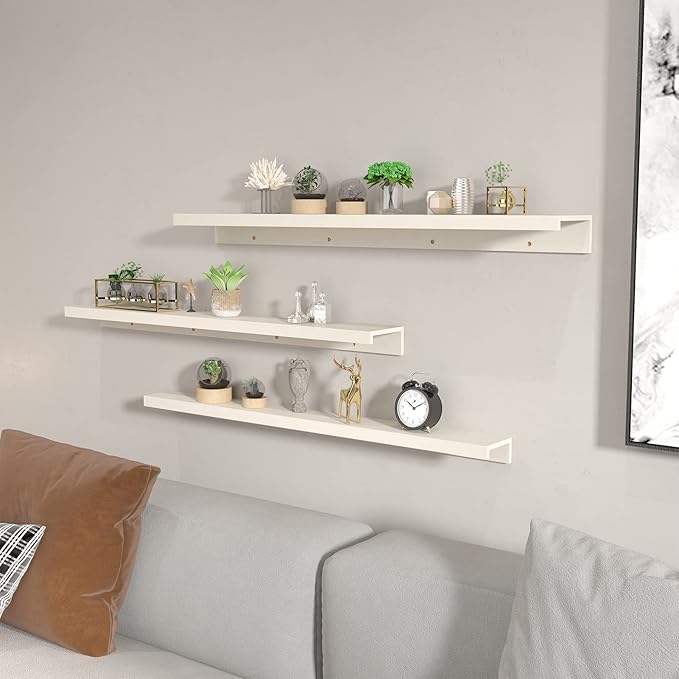 Giftgarden 24 Inch Floating Shelves for Wall, Creamy White Beige Wood-Grain Wooden Shelf Ledge for Bathroom Kitchen Living Room Nursery Bedroom Picture, Set of 3 Different Sizes