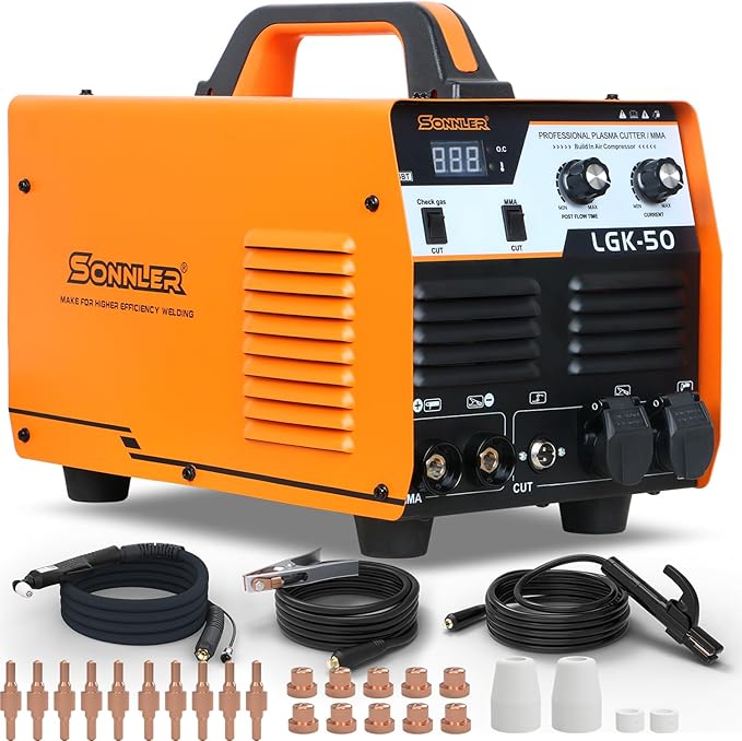 2 in 1 50A Plasma Cutter/MMA, 220V Digital Inverter IGBT Plasma Cutter Machine With Built-in Air Compressor, 1/3 Inch Clean Cut With Gas Delay.