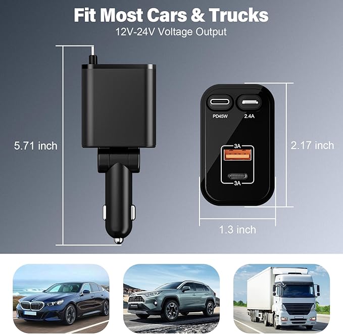 Retractable Car Charger USB C 4 in 1 87W Cigarette Lighter Car Phone Charger Adapter for iPhone 17 with Voltage Display Fast Charge for iPhone,Android,Samsung,etc
