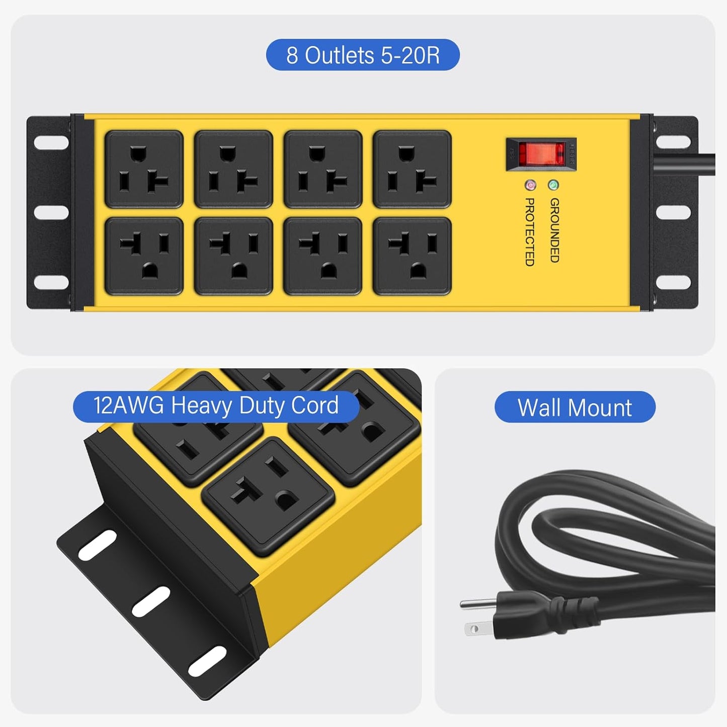 CCCEI Magnetic Heavy Duty Power Strip Surge Protector 20Amp, 12 Gauge High Amp Extension Outlets, Garage Wall Mount 8 Plug Metal Power Strip. 25FT, Yellow, 5-15P Adapter 6-20R T-Slot 20a for Appliance