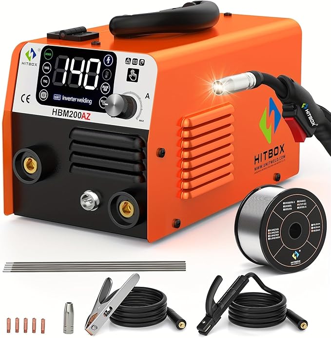 HITBOX 140A Mig Welder Machine 110v 3 in 1 Flux Core Welding/Lift TIG/Stick Gasless Wire Maquina de Soldar Upgraded Handheld Welder Gun Welding Kit High-End Chip with IGBT Inverter LED Display