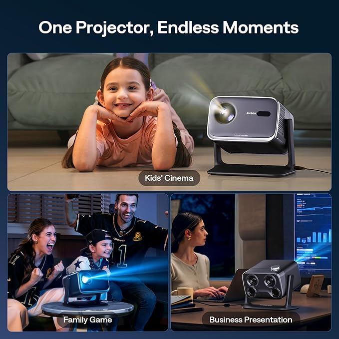 Aurzen BOOM mini Google TV Movie Projector with WiFi and Bluetooth, Voice Control, Family Mode, 20W Dolby Audio, Real-Time Focus, 4K Supported Smart Portable Home Theater Projector Outdoor, Black