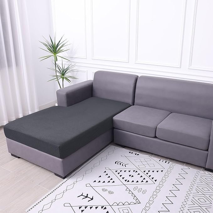 hyha Waterproof Couch Cushion Covers, Sectional Sofa Cushion Slipcovers L Shape, Thick Stretch Jacquard Fabric, Washable Chaise Lounge Cover with Elastic Bottom (1 Piece for Chaise, Grey)
