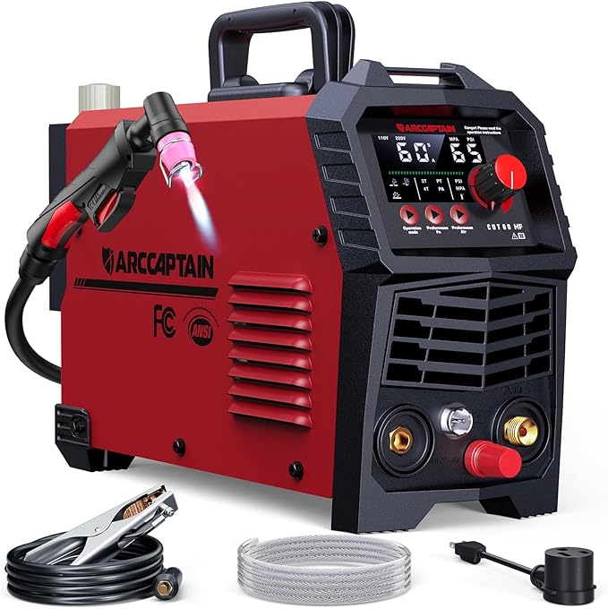 ARCCAPTAIN 60A Plasma Cutter, Non-Touch Pilot Arc Plasma Cutting Machine, 110V/220V, Upgraded Large LED Display, Plate Cutting, Expanded Metal Cutting, Rust Removal, Air Pressure Detection