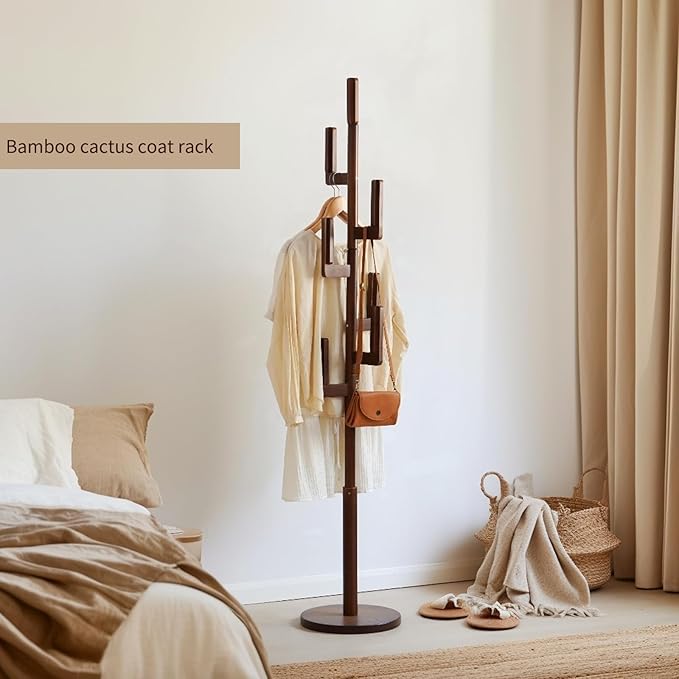 Bamboo Cactus Coat & Clothes Rack Stand, Standing Freestanding Clothing Racks with 6 Hooks for Adults & Kids, Heavy Duty Modern Entryway Living Room Bedroom Corner Coat Rack