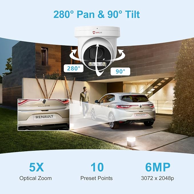 Anpviz 6MP PoE PTZ Camera Outdoor, 5X Optical Zoom 2.7~13.5mm Lens, Pan Tilt Zoom IP Security Camera with Human Vehicle Detection, Spotlight&Sound Alarm, SD Card Slot, IP66, NDAA Compliant (U Series)