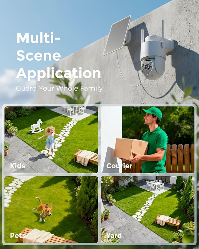 Devo Solar Security Camera Wireless Outdoor, 2.3K HD 360° PTZ Color Night Vision, AI/PIR Human Detection, 2-Way Audio, Solar & Battery Powered, WiFi 6, IP66 Waterproof, Triple Alert System