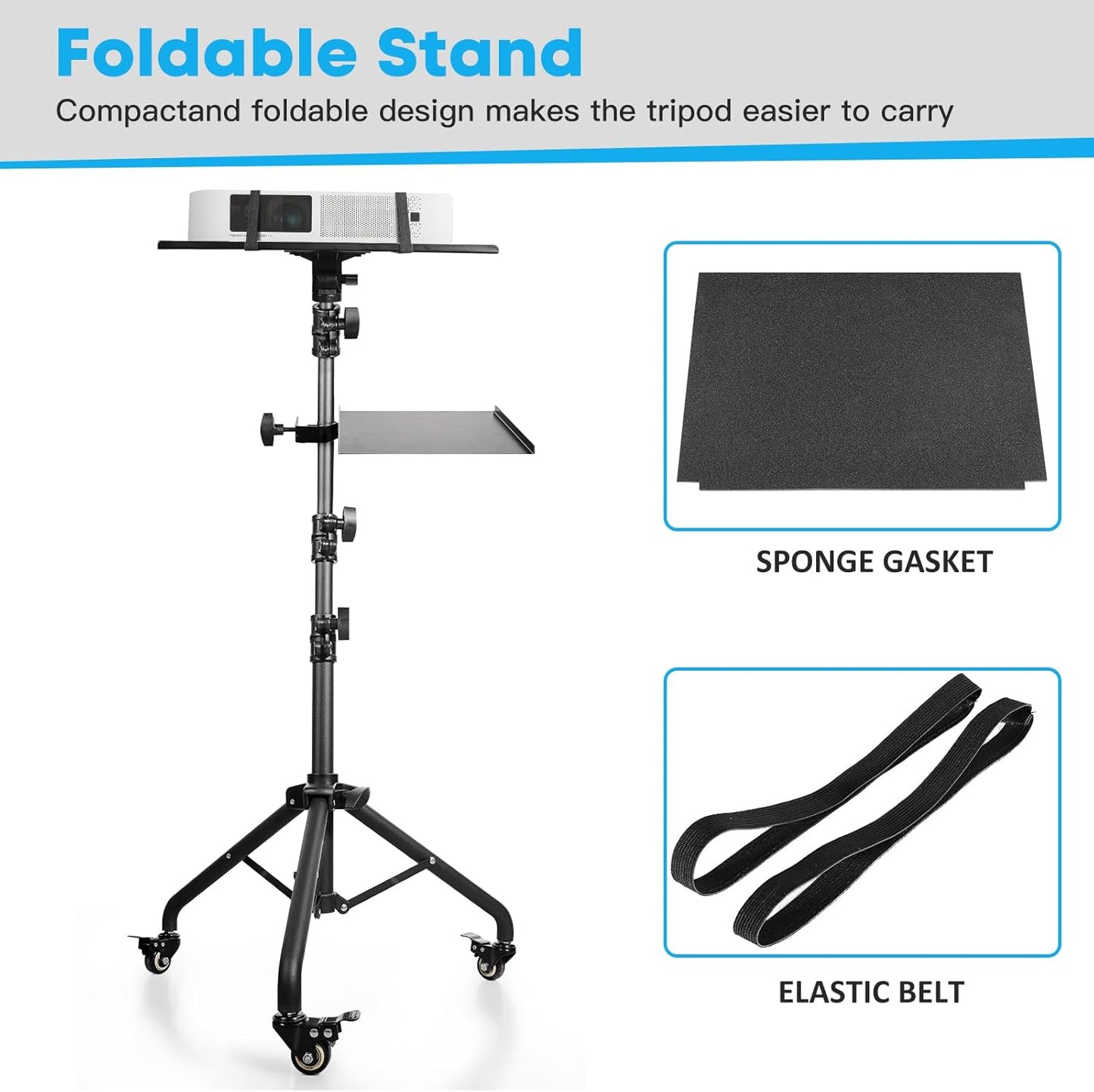 Portable Laptop & Projector Stand with Phone Holder and Mouse Tray ,Adjustable Height Tripod Stand for Laptop, Projector, DJ, Sheet Music,Black