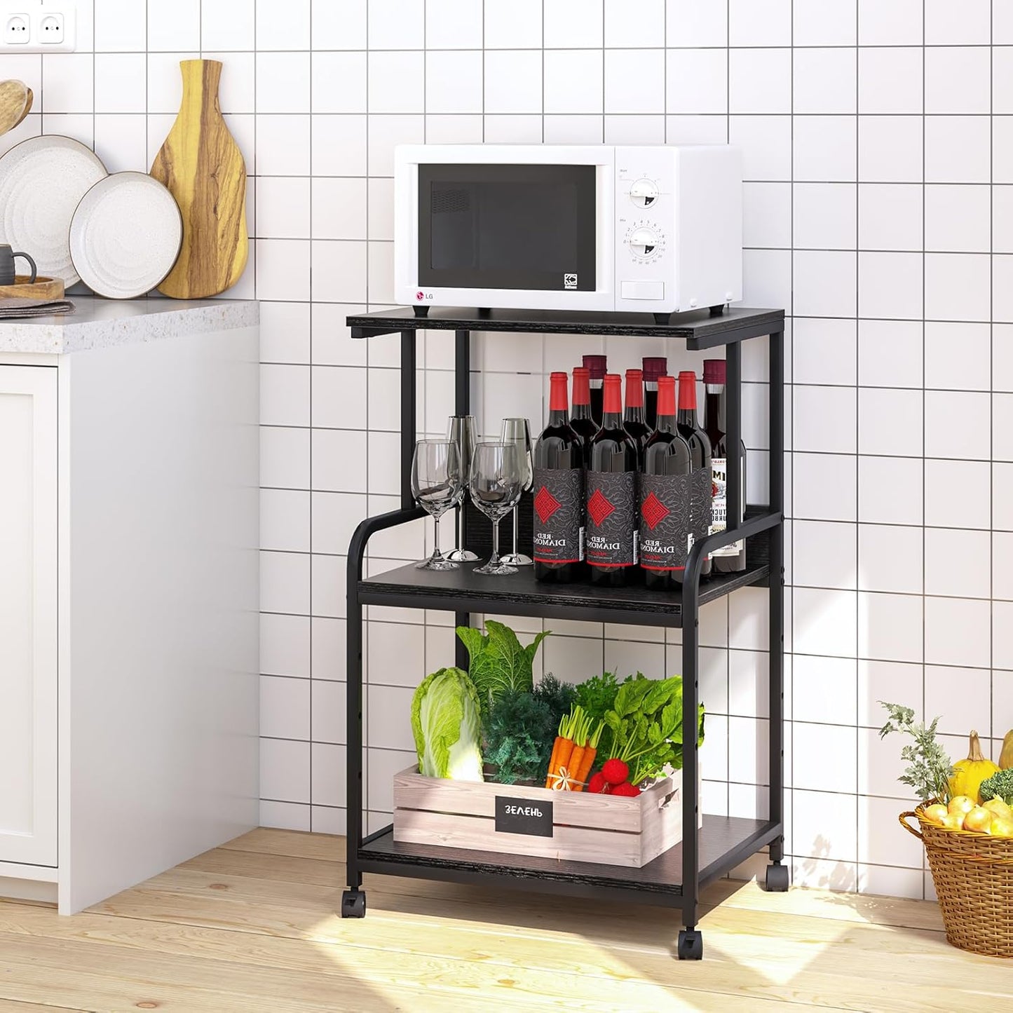 Printer Stand with Storage Shelf,3 Tier Printer Cart with Wheels,Mobile Printer Table for Home Office,Stands for Heat Press Scanner Fax,Industrial Style (Black)