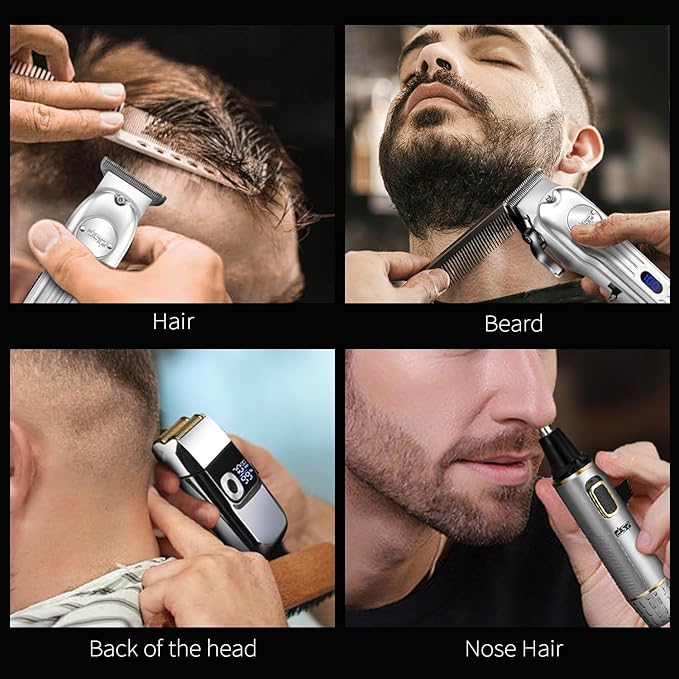 DSP 4-in-1 Pro Barber Kit: Cordless Hair Clipper, Trimmer, Shaver & Nose Hair Remover - Styling & Grooming Set with Scissors, Fade Tools, LED Display