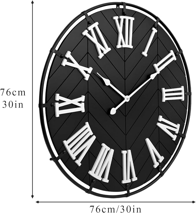 30 Inch Large Wooden Wall Clock – Extra Large FarmhouseWall Clock with 3D Roman Numerals & Herringbone Splicing, Black Modern Wood Wall Clock for Living Room
