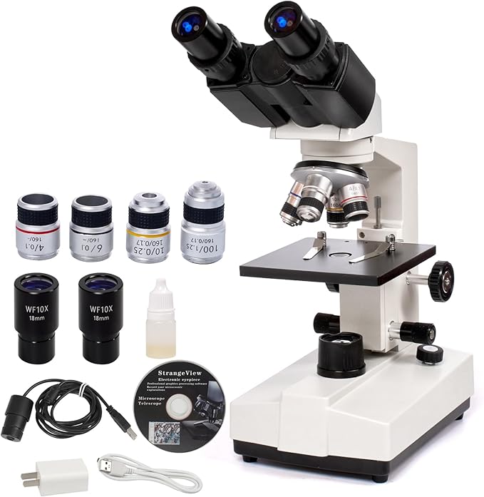 SELFIE CAT Binocular Laboratory Microscope, Binocular Compound Microscope 40X-5000X Magnification Electronic Eyepieces for Adults, Microscopes kit with Wide Field Lab Equipment