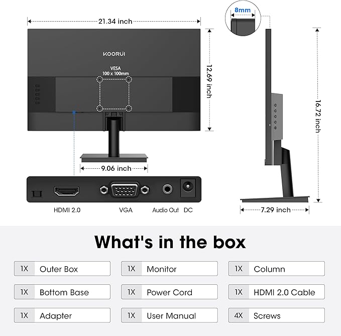 KOORUI 24 Inch Gaming Monitor 144Hz Full HD 1920 x 1080p IPS Ultra-Slim Display with HDMI VGA, Adaptive Sync, 99% SRGB, VESA 100x100mm, Eye Care, Tilt, Black, E2411K