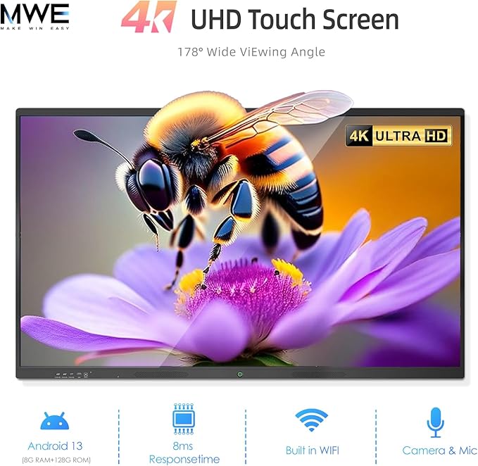 75" Smart Board for Business, Large Interactive Whiteboard with Multi-Touch, 4K Electronic Board with Screen Sharing, Bluetooth/WiFi/HDMI, Camera & Mic, Android 13,8+128G (Wall Mount Included)