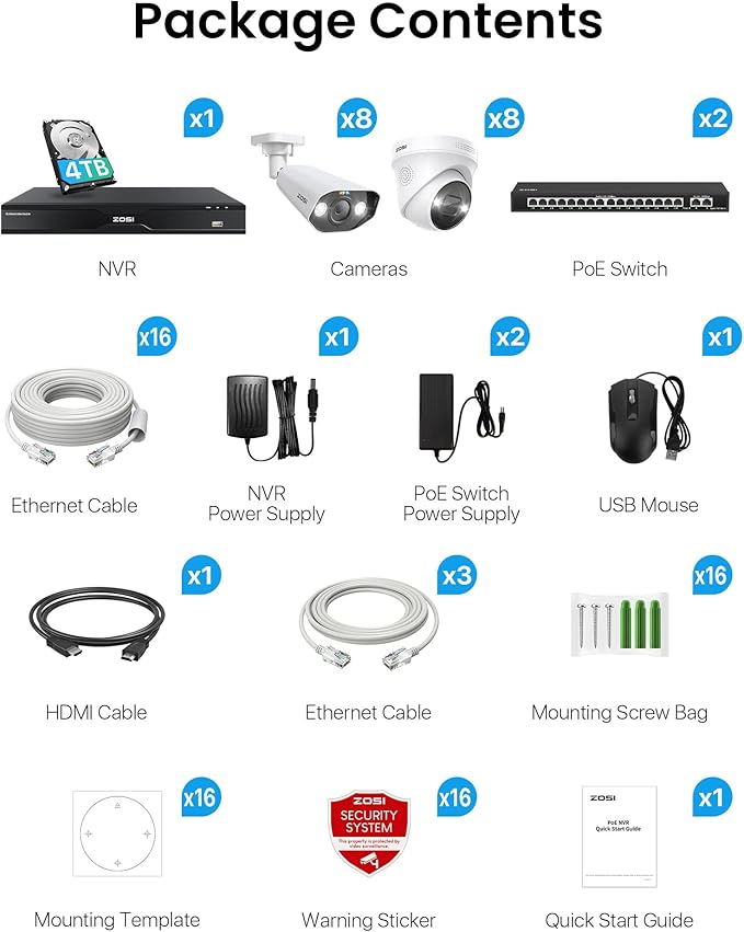 ZOSI 32CH 4K PoE Security Camera System, Face Person Vehicle Detection, 2 Way Audio, Spotlight Siren, 16pcs 8MP Outdoor Indoor IP Cameras, 32 Channel 4K NVR with 4TB HDD for 24/7 Recording