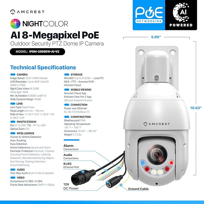 Amcrest 4K (8MP) Outdoor PTZ POE + IP Camera Pan Tilt Zoom (Optical 25x Motorized) Human and Vehicle Detection AI, Perimeter Protection, 328ft Night Vision POE+ (802.3at) IP8M-2899EW-AI-V2