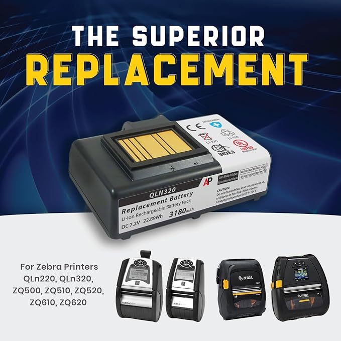 Artisan Power Replacement Battery for Zebra Printer Models QLn320 QLn220 (HC), ZQ500, ZQ510, ZQ520, ZQ610, and ZQ620 Mobile Printers - Rechargeable Lithium Ion Battery 3180 mAh for Max Life