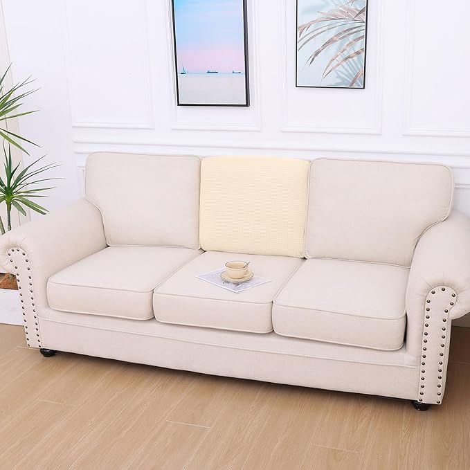 hyha Waterproof Couch Cushion Covers for Pets, Non Slip Sofa Seat Cover for Dogs Washable, Soft Thick Stretch Jacquard Fabric, Sofa Slipcovers with Elastic Bottom (1 Piece for Backrest L, Beige)