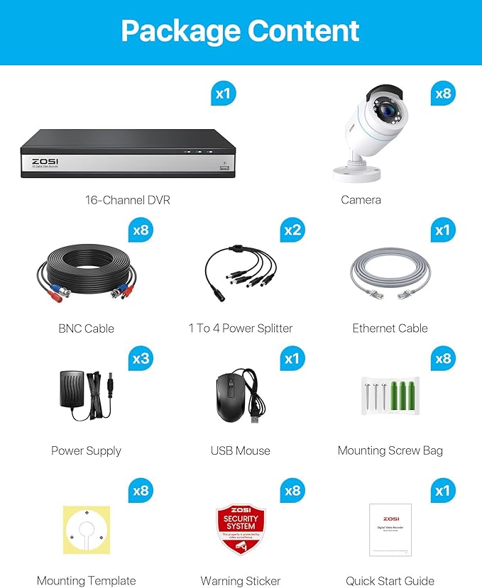 ZOSI H.265+ 16 Channel Security Camera System with AI Human Vehicle Detection, 16CH 1080p DVR and 8 x CCTV Weatherproof Bullet Camera Outdoor Indoor, 80ft Night Vision, 90°Wide Angle (No Hard Drive)