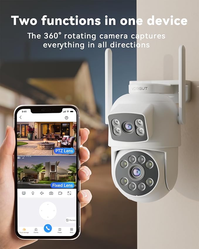 Security Camera System Wireless Outdoor with 12" Monitor, 2pcs 2K Dual Lens Cameras for Home & Business Surveillance, 360° PTZ, 2.4G/5G WiFi, Human Detection, Auto Tracking, 16CH NVR, 500G HDD