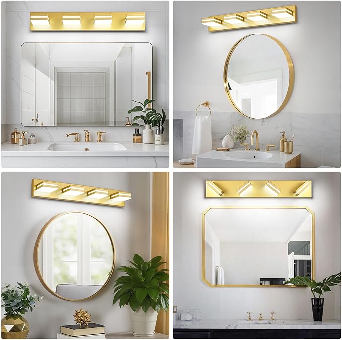 Modern LED Bathroom Lights Fixtures(4-Light),Metal Gold Acrylic Wall Lighting,Vanity Lights for Bathroom Over Mirror(6000k 27in)